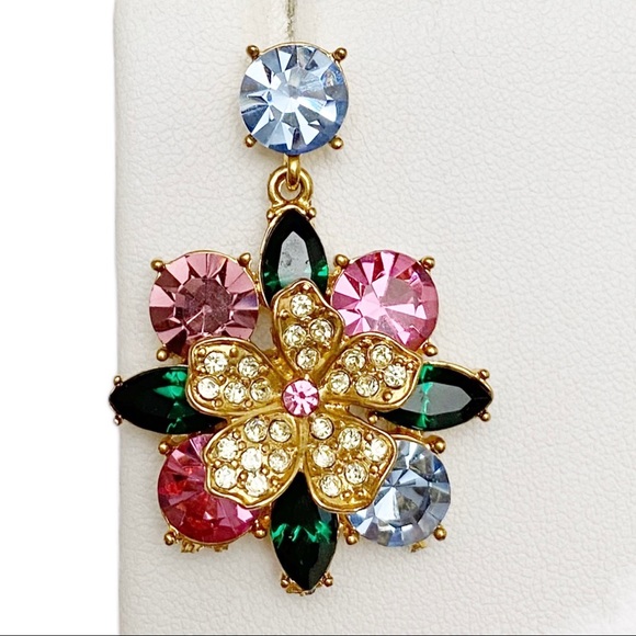 RJ Graziano Signed Multi Color Crystal Rhinestone Flower Floral Dangle Earrings - Picture 2 of 4